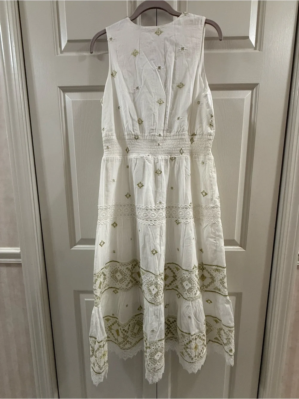 Soft Surroundings PS Petite Small White Gold Embroidered Cotton Midi Dress Boho